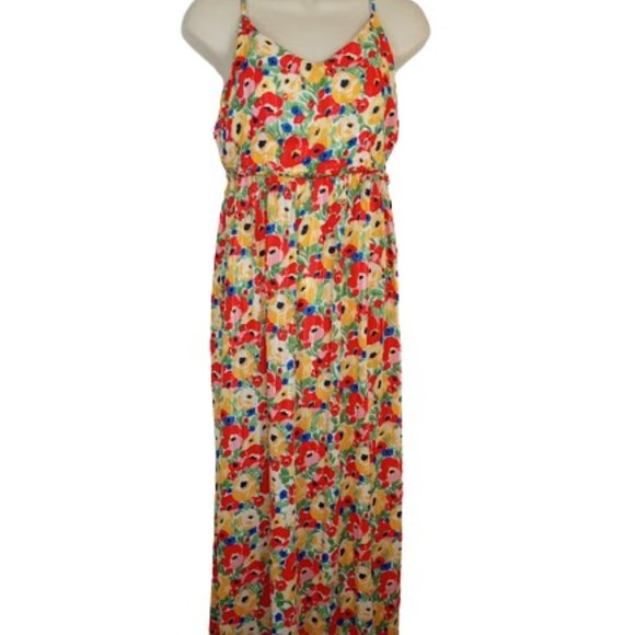 In April 1986 Womens Maxi Dress Orange Yellow Lurex Floral Ruffle Empire Waist S - Picture 2 of 6